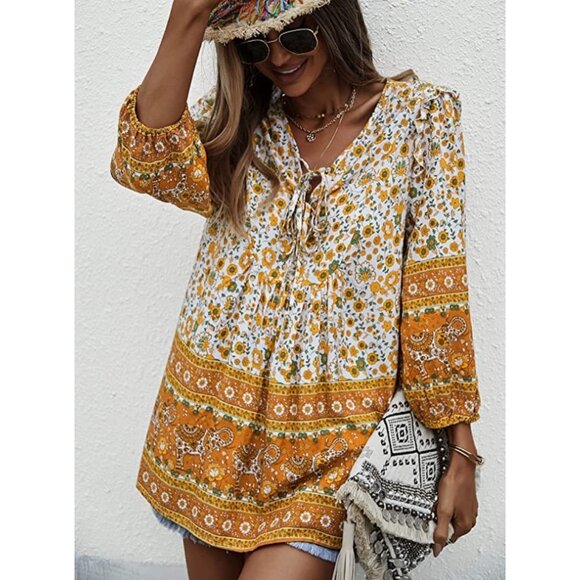 Orange & White Boho Floral Printed Tie V-Neck Loose Flowy Long Sleeve Top Blouse - Picture 1 of 6